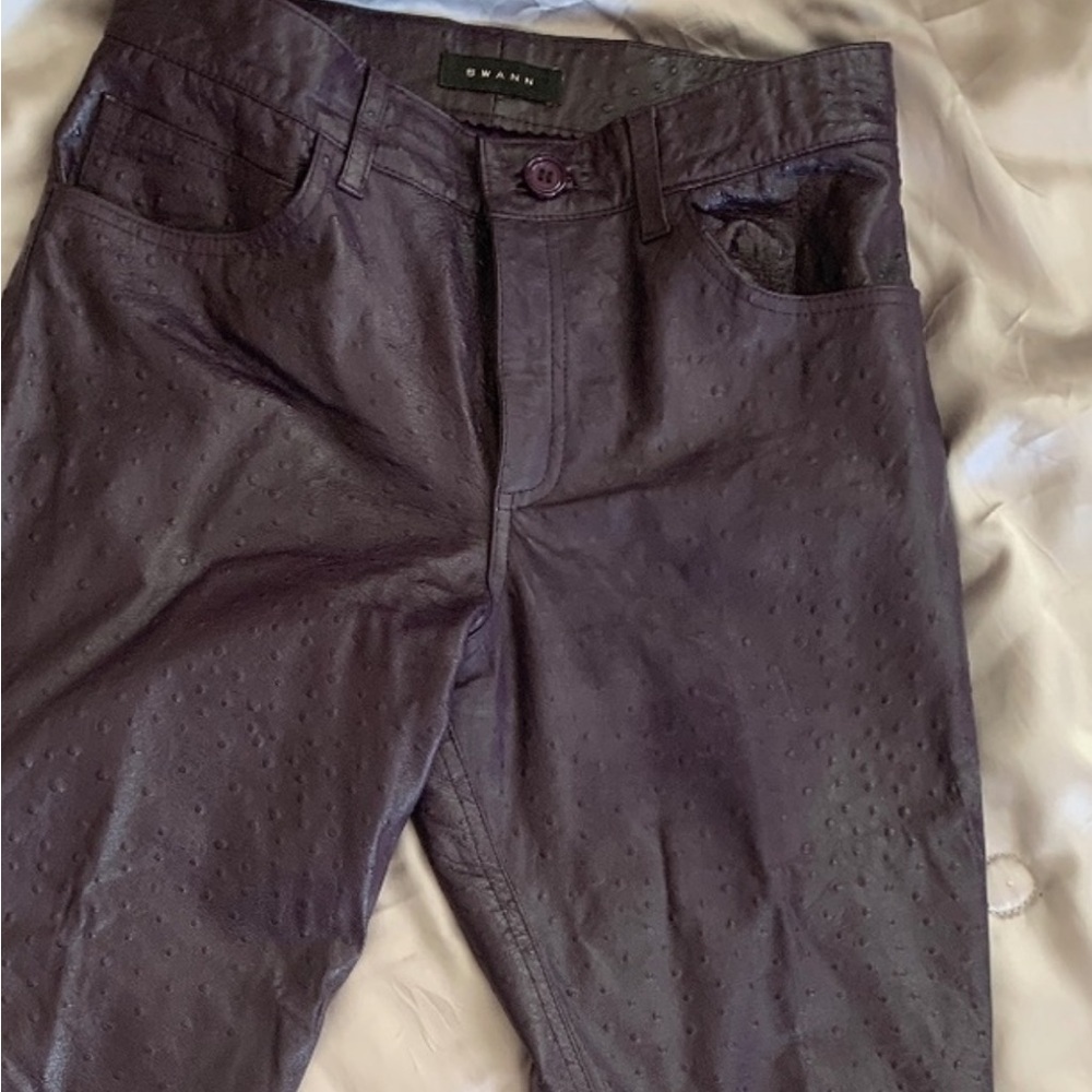 Soft ostrich embossed (dimpled) plum leather jeans by Swann. Medium